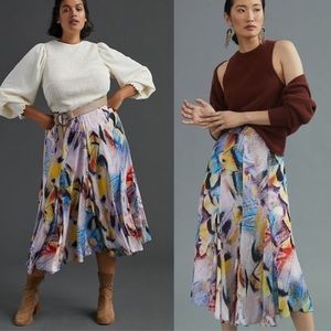 NWT Anthropologie Size 14 A-line Midi Skirt Watercolor Side Zip Non-wrinkle $160
